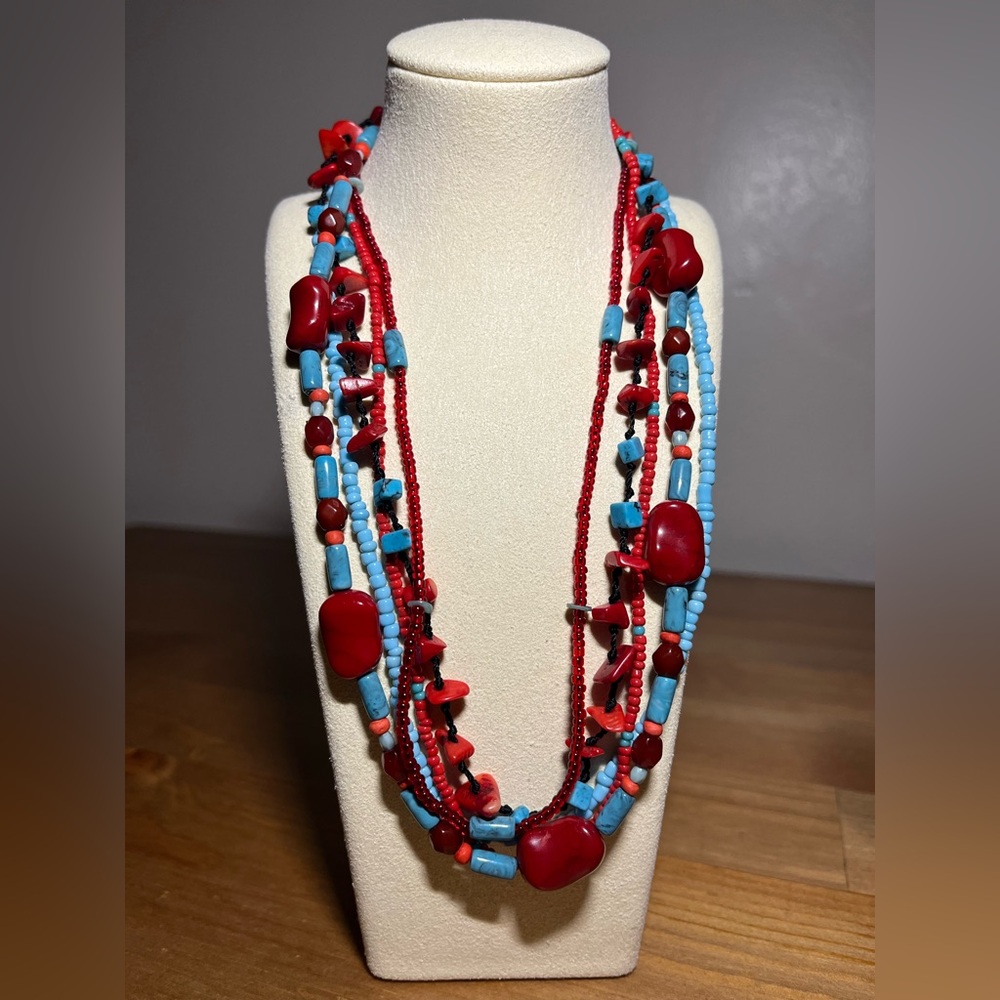 Beaded Necklace Teal and Red Color Simulated Coral and Faux Howlite - Picture 7 of 7